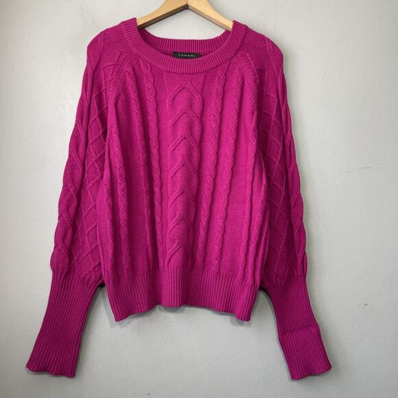Tahari Sweaters - Tahari Sweater Size Large Cable Knit Fuchsia Pink Raglan Sleeve Fisherman Chic